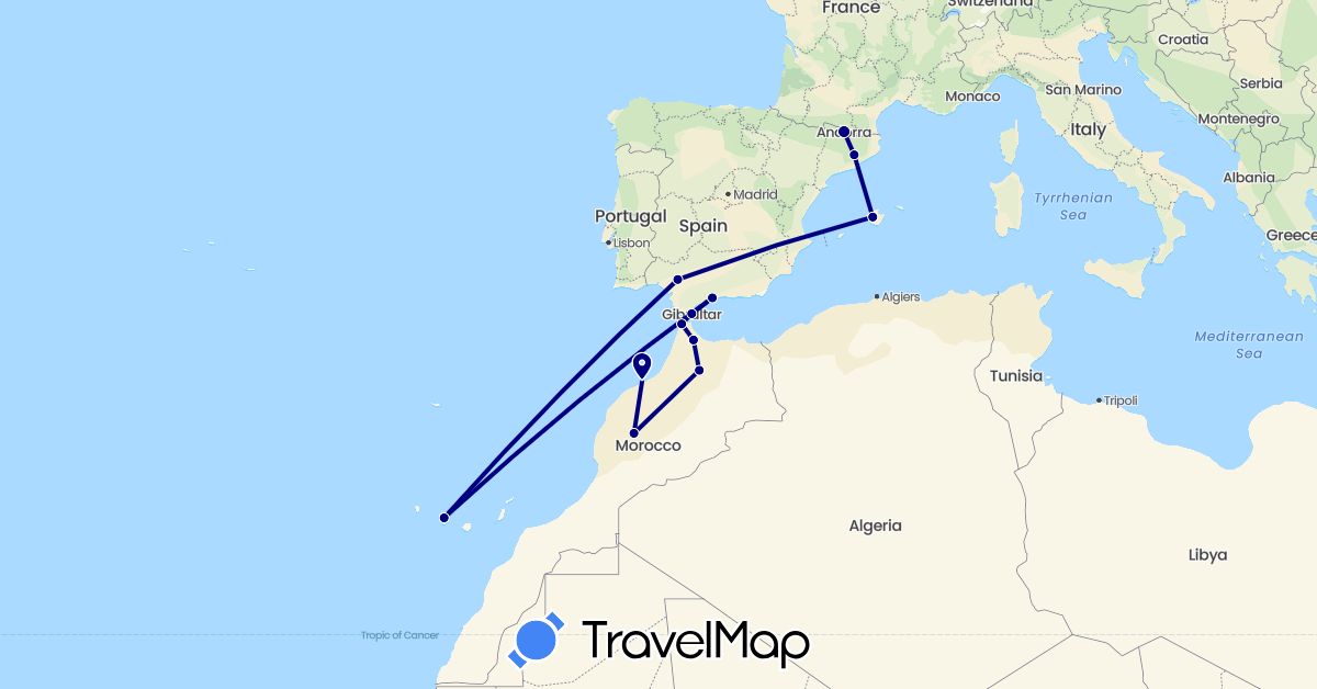 TravelMap itinerary: driving in Andorra, Spain, Gibraltar, Morocco (Africa, Europe)