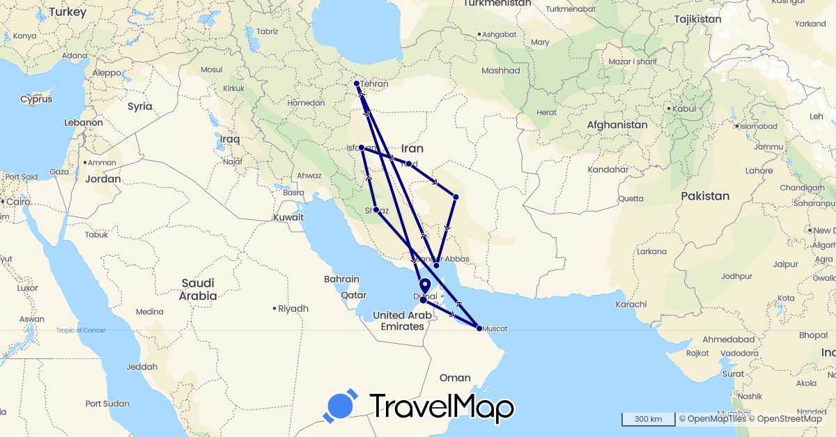 TravelMap itinerary: driving in United Arab Emirates, Iran, Oman (Asia)
